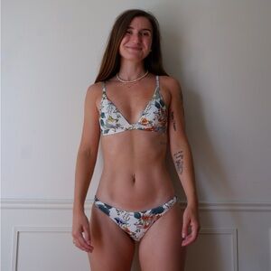 Vitamin A Floral Triangle Bikini Set - White with Green & Orange Print